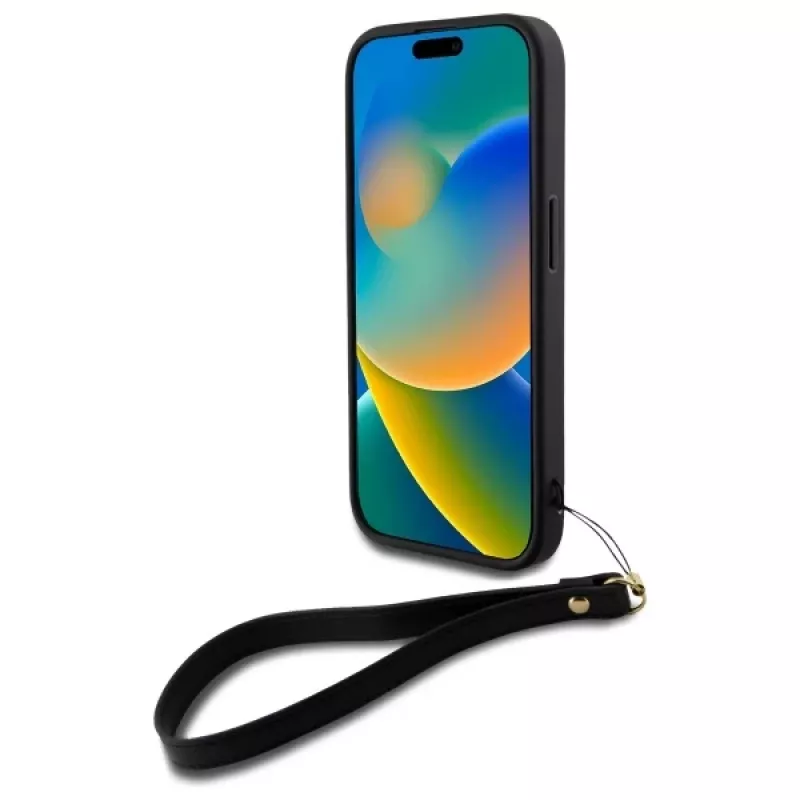 DKNY DKHCP16SPBSWSK pevné puzdro pre Apple iPhone 16 6,1 palca čierna s pútkom na ruku