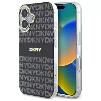 DKNY DKHMP16SHRHSEK pevné puzdro pre Apple iPhone 16 6,1 palca – čierna so vzorom opakujúcej sa textúry a pruhmi