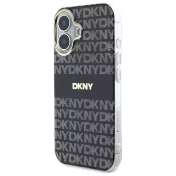 DKNY DKHMP16SHRHSEK pevné puzdro pre Apple iPhone 16 6,1 palca – čierna so vzorom opakujúcej sa textúry a pruhmi
