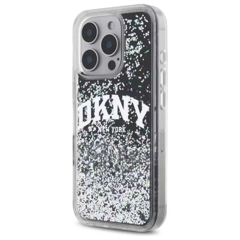 DKNY DKHCP16LLBNAEK iPhone 16 Pro 6,3 palca čierne pevné puzdro tekutý gliter arch logo