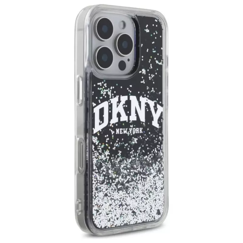 DKNY DKHCP16LLBNAEK iPhone 16 Pro 6,3 palca čierne pevné puzdro tekutý gliter arch logo