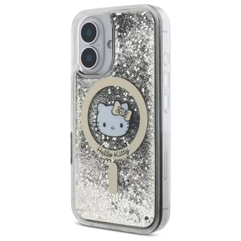 Hello Kitty HKHMP16SLGDIK Liquid Glitter Fever MagSafe pevné puzdro pre iPhone 16 6,1 inch - čierna zlatá