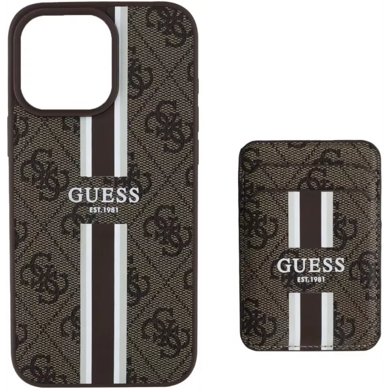 Guess 4G Stripes peňaženkové puzdro s MagSafe pre iPhone 16 Pro Max hnedá