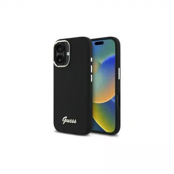 Guess GUHCP16MSMBSLK silikónové pevné puzdro Script Metal Logo & Frame pre Apple iPhone 16 Plus 6,7
