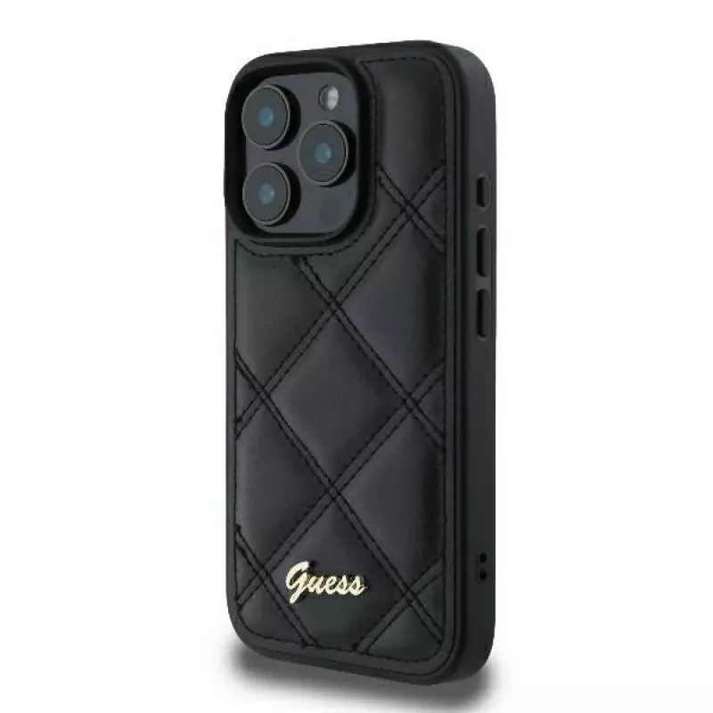 Guess GUHCP16LPSQSQSK pevné puzdro pre Apple iPhone 16 Pro 6,3 inch čierna Quilted Metal Logo