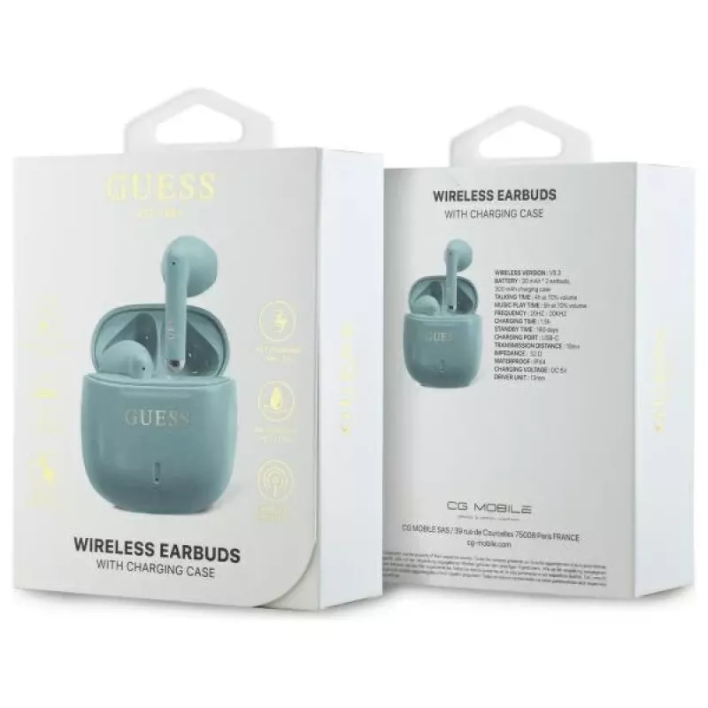 Guess Printed Classic Logo TWS Bluetooth slúchadlá s nabíjacím puzdrom (tyrkysové)