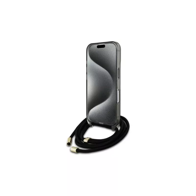 Guess GUHMP16SHCTSGNSK iPhone 16 6,1 inch puzdro čierne s crossbody šnúrkou a Script logom, kompatibilné s MagSafe