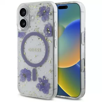 Guess Resin Flowers Glitter MagSafe puzdro pre iPhone 16 fialová
