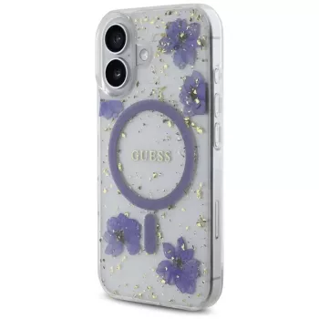 Guess Resin Flowers Glitter MagSafe puzdro pre iPhone 16 fialová