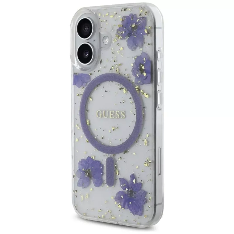 Guess Resin Flowers Glitter MagSafe puzdro pre iPhone 16 fialová