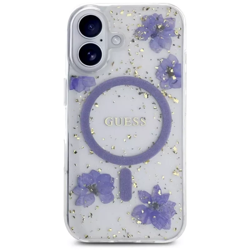 Guess Resin Flowers Glitter MagSafe puzdro pre iPhone 16 fialová