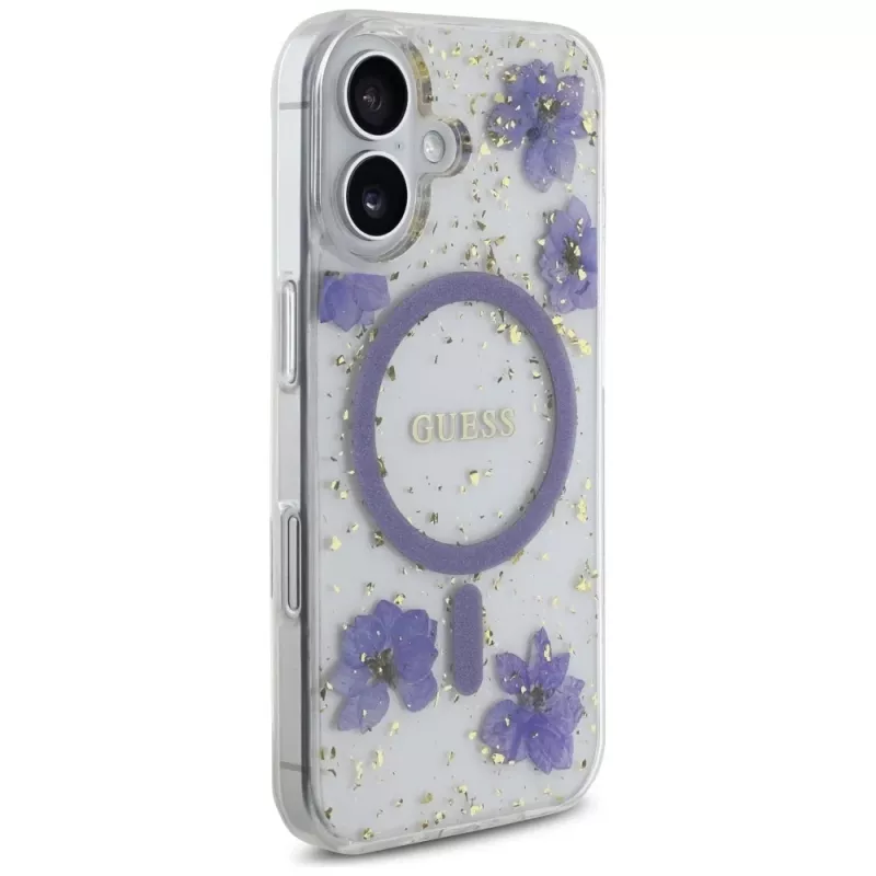 Guess Resin Flowers Glitter MagSafe puzdro pre iPhone 16 fialová