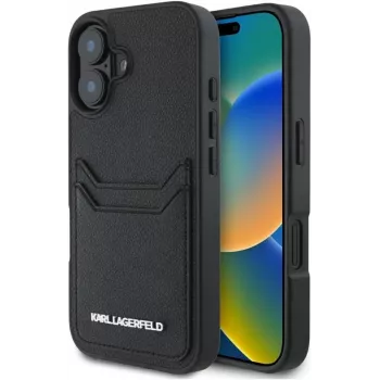 Karl Lagerfeld HC Grained PU Card Slot Metal Elongated puzdro pre iPhone 16, čierna