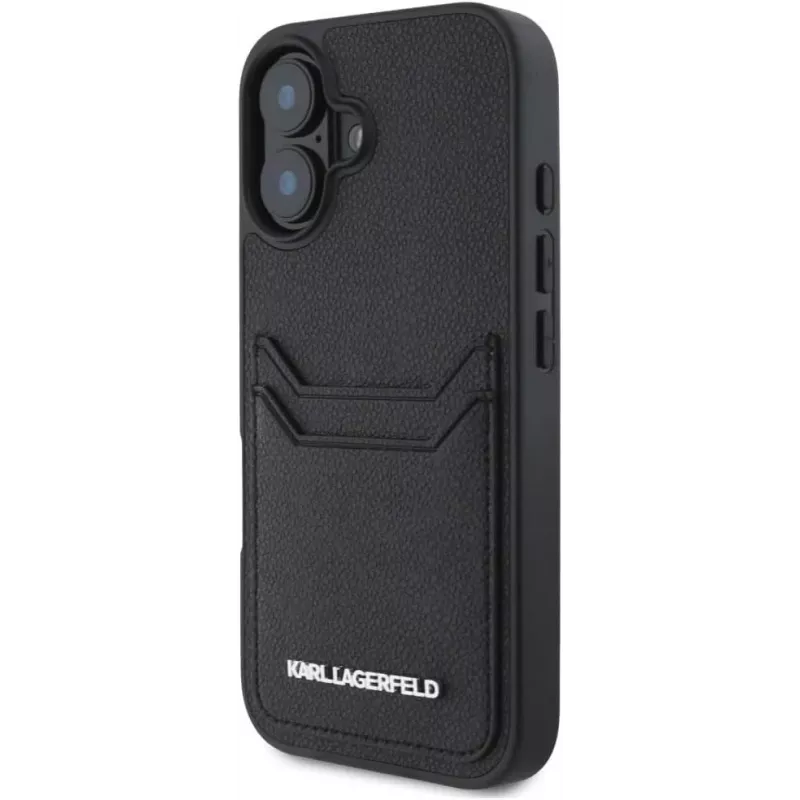 Karl Lagerfeld HC Grained PU Card Slot Metal Elongated puzdro pre iPhone 16, čierna