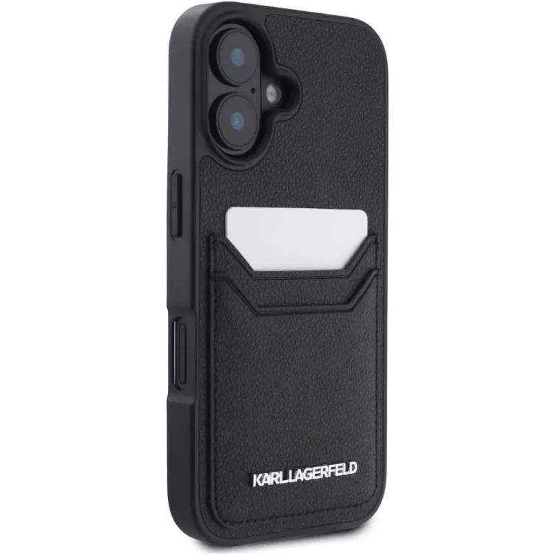 Karl Lagerfeld HC Grained PU Card Slot Metal Elongated puzdro pre iPhone 16, čierna