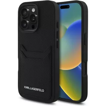 KARL LAGERFELD HC Grained PU Card Slot Metal Elongated puzdro pre iPhone 16 Pro čierna