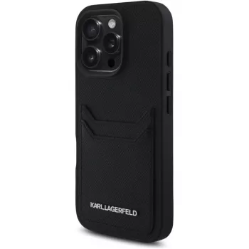 KARL LAGERFELD HC Grained PU Card Slot Metal Elongated puzdro pre iPhone 16 Pro čierna