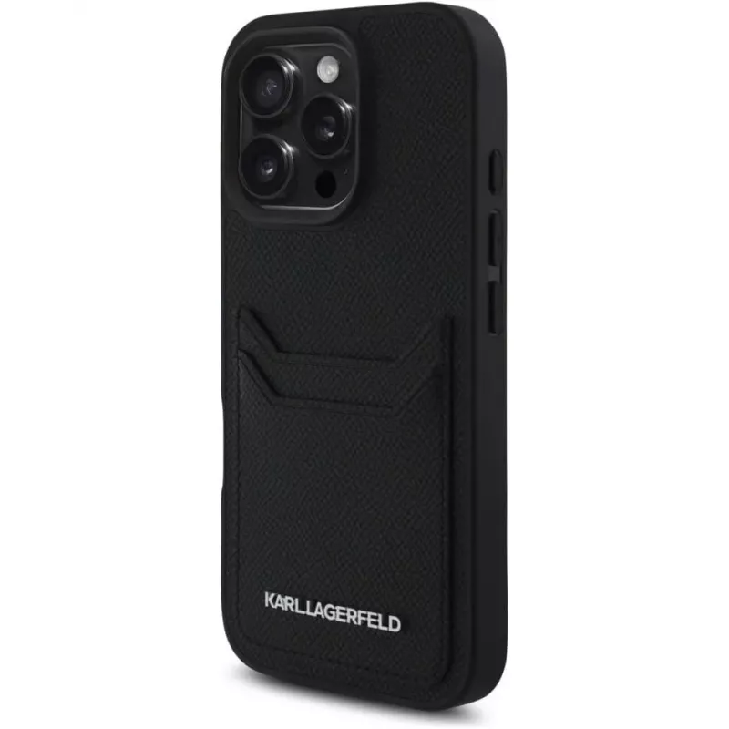 KARL LAGERFELD HC Grained PU Card Slot Metal Elongated puzdro pre iPhone 16 Pro čierna