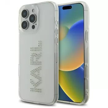 Karl Lagerfeld IML Rhinestones Logo puzdro pre iPhone 16 Pro, transparentná