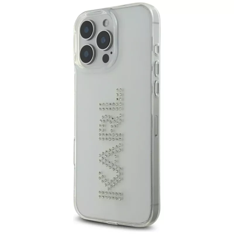 Karl Lagerfeld IML Rhinestones Logo puzdro pre iPhone 16 Pro, transparentná