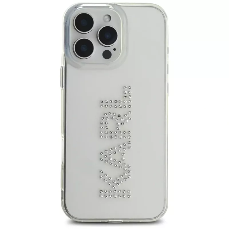 Karl Lagerfeld IML Rhinestones Logo puzdro pre iPhone 16 Pro, transparentná