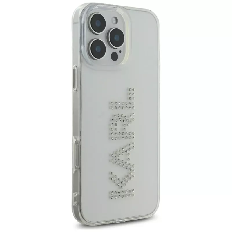 Karl Lagerfeld IML Rhinestones Logo puzdro pre iPhone 16 Pro, transparentná