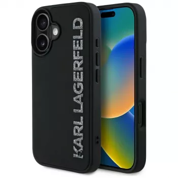 KARL LAGERFELD HC 3D Rubber Elongated Glitter puzdro pre iPhone 16, čierna