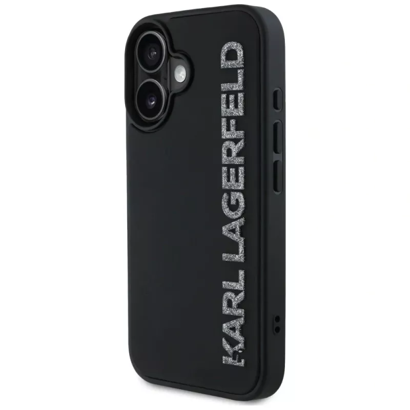 KARL LAGERFELD HC 3D Rubber Elongated Glitter puzdro pre iPhone 16, čierna