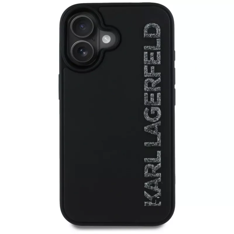 KARL LAGERFELD HC 3D Rubber Elongated Glitter puzdro pre iPhone 16, čierna