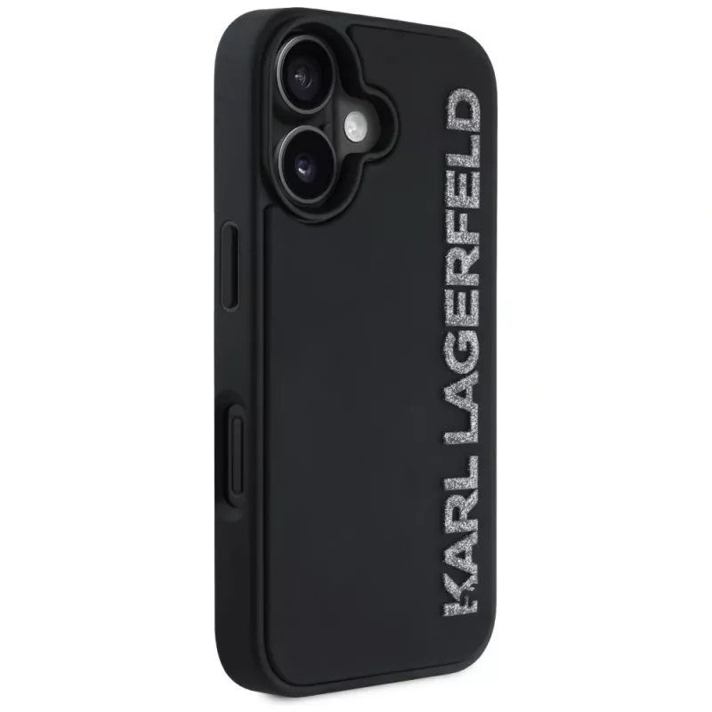 KARL LAGERFELD HC 3D Rubber Elongated Glitter puzdro pre iPhone 16, čierna