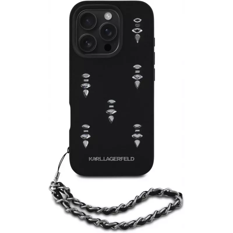 Karl Lagerfeld Saffiano Crystals with Chain zadný kryt pre iPhone 16 Pro, čierna