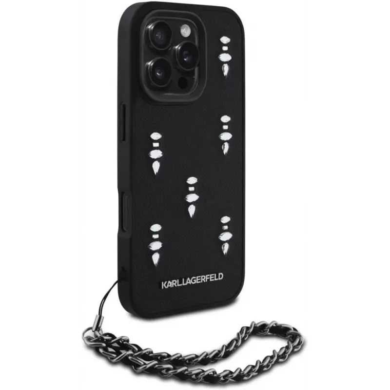 Karl Lagerfeld Saffiano Crystals with Chain zadný kryt pre iPhone 16 Pro, čierna