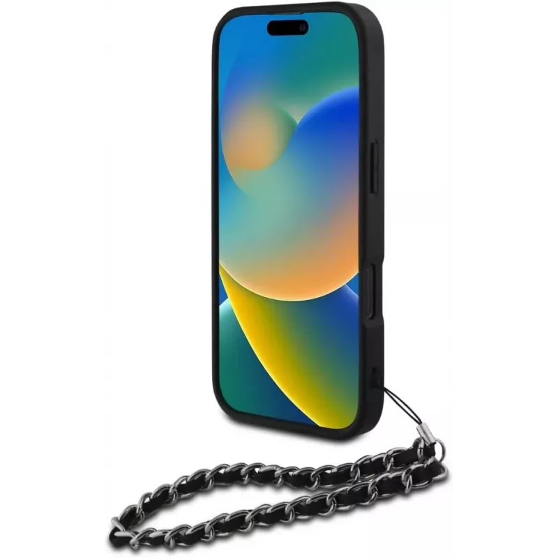 Karl Lagerfeld Saffiano Crystals with Chain zadný kryt pre iPhone 16 Pro, čierna