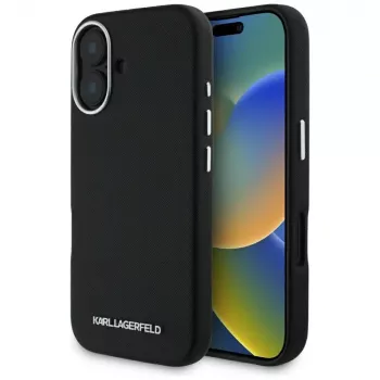 Karl Lagerfeld Saffiano FullWrapped Elongated Metal Logo MagSafe puzdro pre iPhone 16 čierna