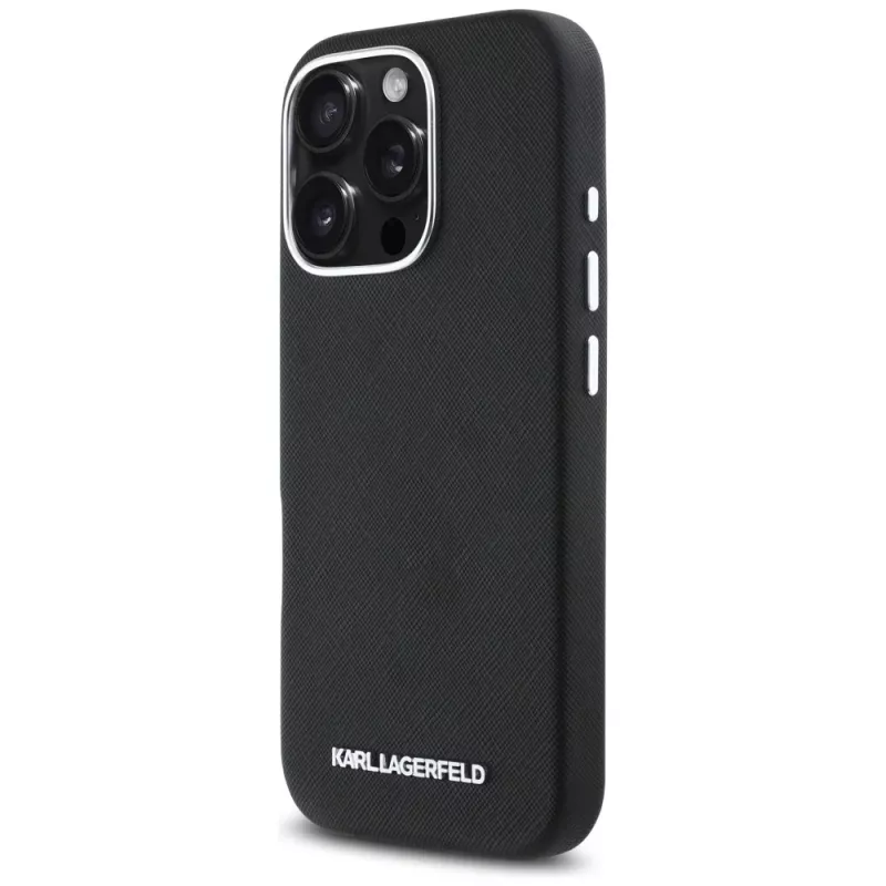 Karl Lagerfeld Saffiano Full Wrapped Elongated Metal Logo MagSafe puzdro pre iPhone 16 Pro čierna