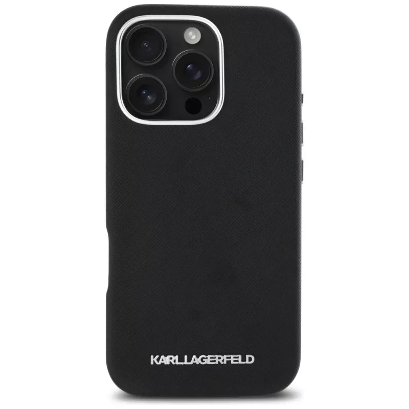 Karl Lagerfeld Saffiano Full Wrapped Elongated Metal Logo MagSafe puzdro pre iPhone 16 Pro čierna