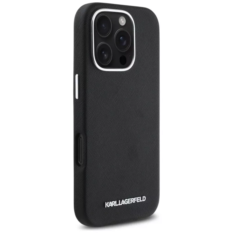 Karl Lagerfeld Saffiano Full Wrapped Elongated Metal Logo MagSafe puzdro pre iPhone 16 Pro čierna