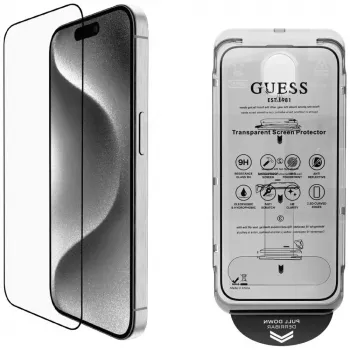 2-in-1 Guess BP Rhinestone sada ochrany displeja a šošovky fotoaparátu pre iPhone 16 Pro Max zlatá