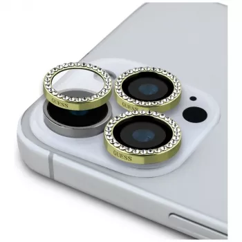 2-in-1 Guess BP Rhinestone sada ochrany displeja a šošovky fotoaparátu pre iPhone 16 Pro Max zlatá