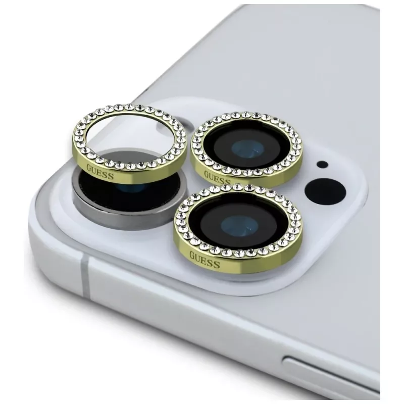2-in-1 Guess BP Rhinestone sada ochrany displeja a šošovky fotoaparátu pre iPhone 16 Pro Max zlatá