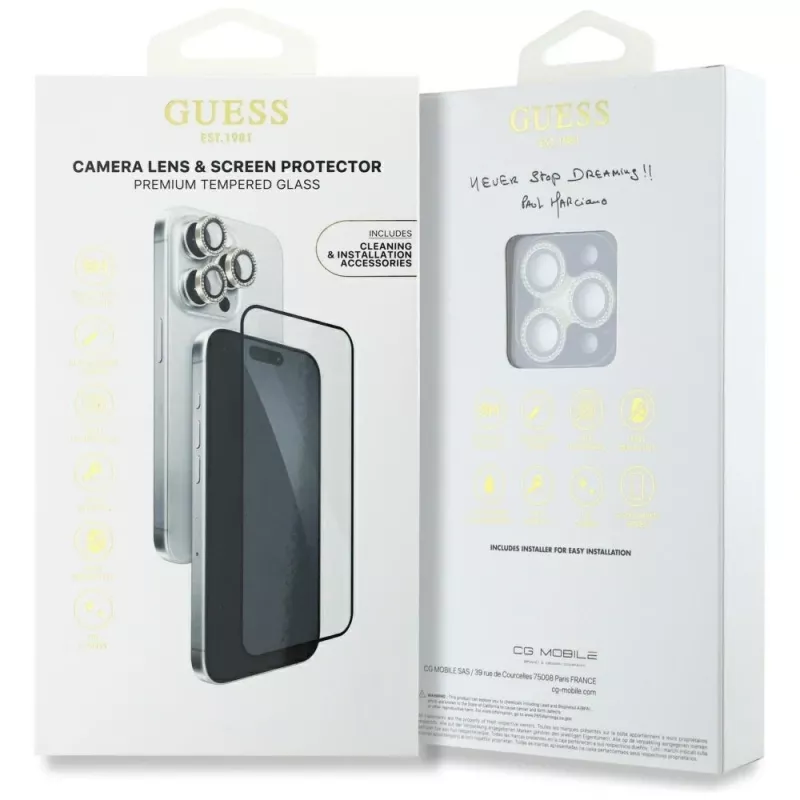 2-in-1 Guess BP Rhinestone sada ochrany displeja a šošovky fotoaparátu pre iPhone 16 Pro Max zlatá
