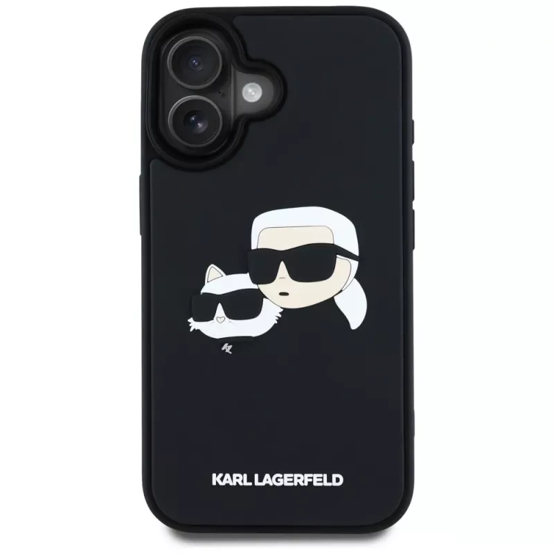 KARL LAGERFELD HC 3D gumený kryt DoubleHeads pre iPhone 16, čierny