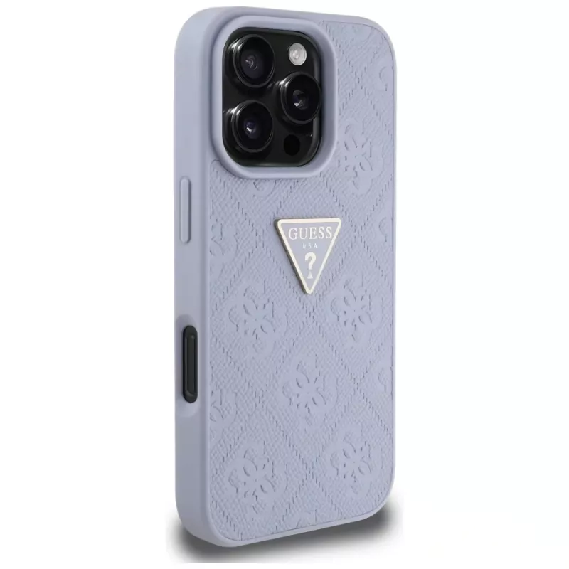 Guess Hot Stamp 4G Pattern Triangle Metal Logo kryt pre iPhone 16 Pro Max (fialový)
