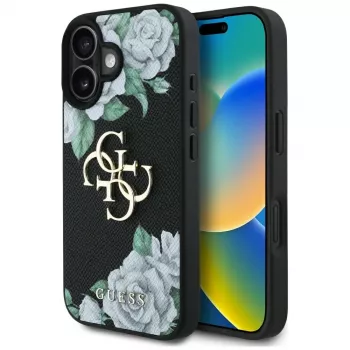 Guess Grained Roses Big 4G Logo kryt pre Apple iPhone 16, čierny