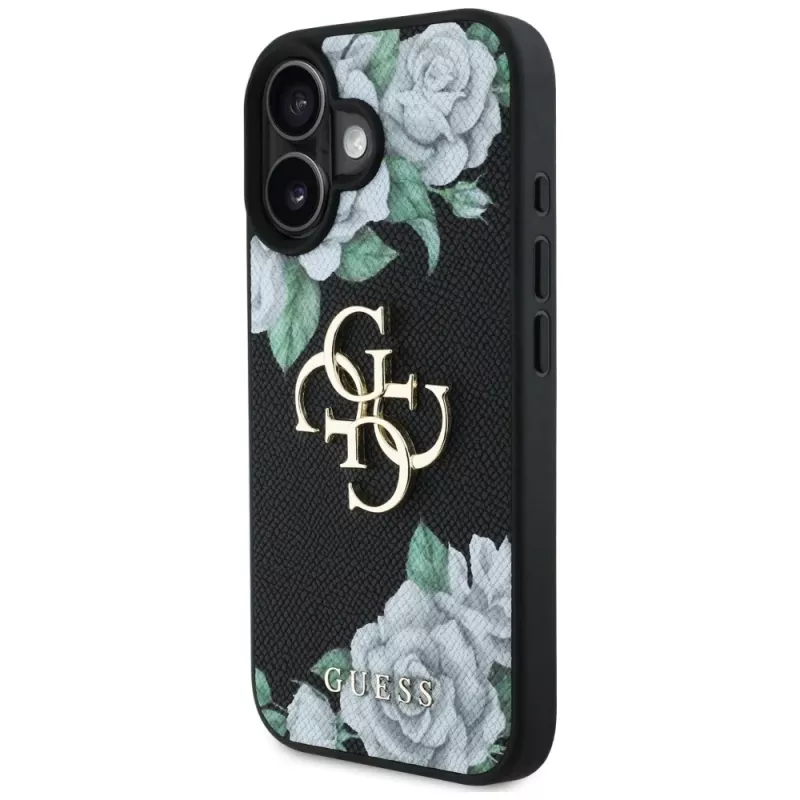 Guess Grained Roses Big 4G Logo kryt pre Apple iPhone 16, čierny
