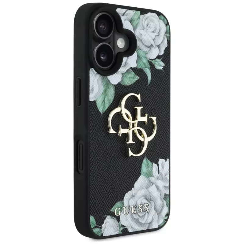 Guess Grained Roses Big 4G Logo kryt pre Apple iPhone 16, čierny