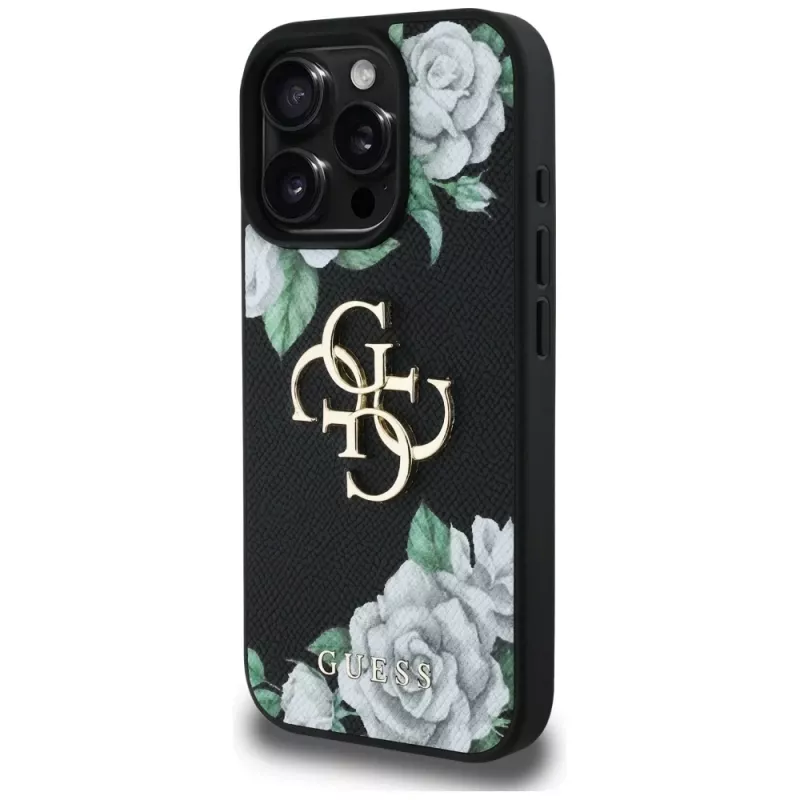 Guess Grained Roses Big 4G Logo kryt pre Apple iPhone 16 Pro, čierny
