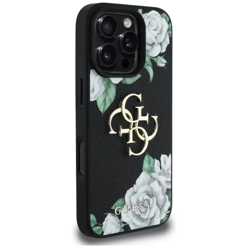 Guess Grained Roses Big 4G Logo kryt pre Apple iPhone 16 Pro, čierny