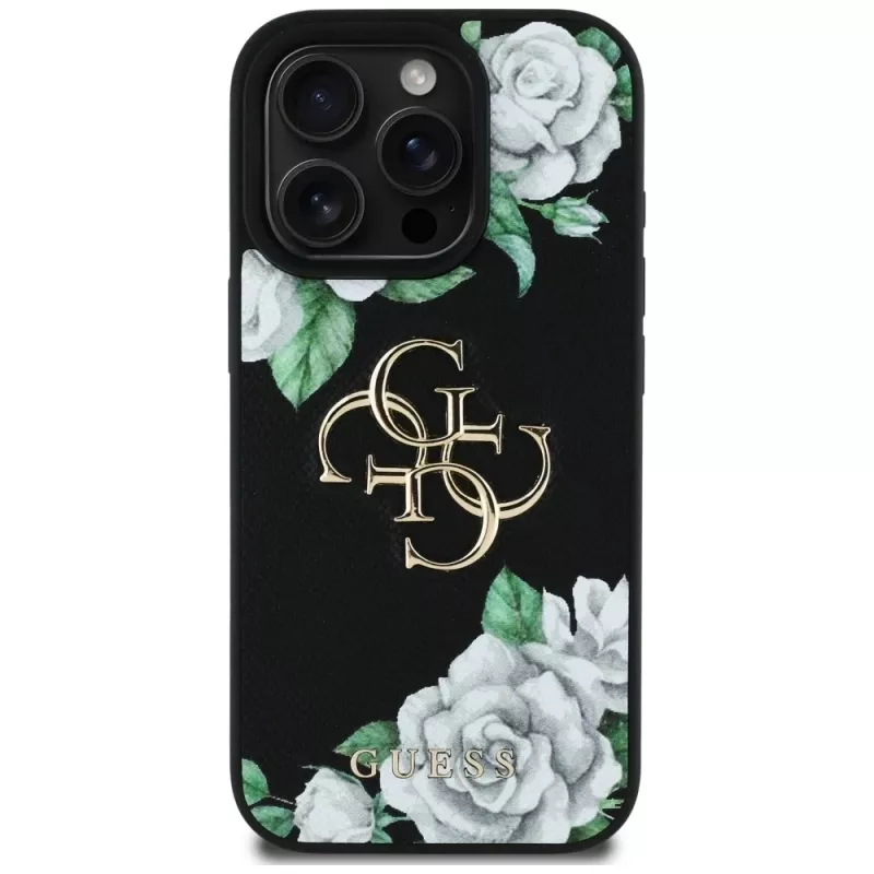 Guess Grained Roses Big 4G Logo kryt pre iPhone 16 Pro Max, čierny
