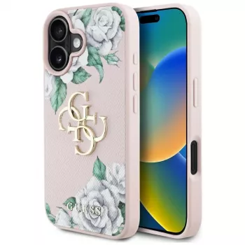 Guess Grained Roses Big 4G Logo kryt pre Apple iPhone 16 - ružový